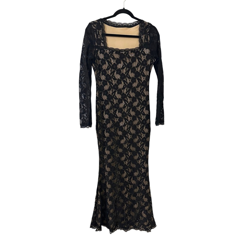 Whimsigoth Black Floral Lace Long Sleeve Square Neck Formal Maxi Dress Size 6/8